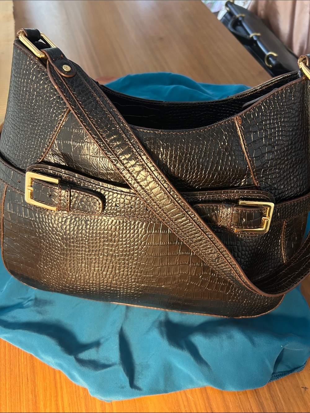 Etienne Aigner Black Croc-Embossed Shoulder Bag with Gold Hardware
